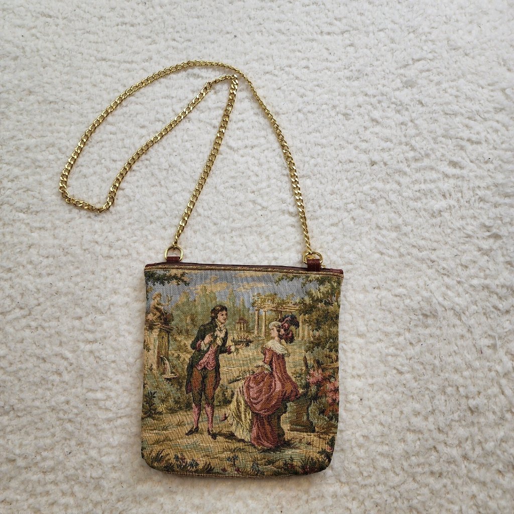 Vintage Tapestry Crossbody Shoulder Handbag Purse Romantic Victorian Gold Chain